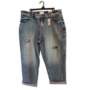 Lane Bryant Baggy Jeans 14 Medium Wash Plaid Patch Distressed Cropped